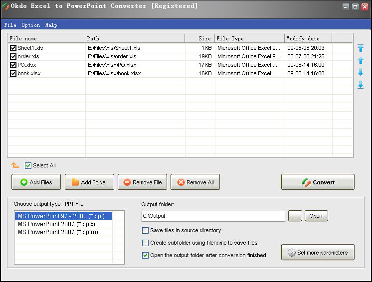 Batch convert xls/xlsx/xlsm to ppt/pptm/pptx with fast speed and good quality.