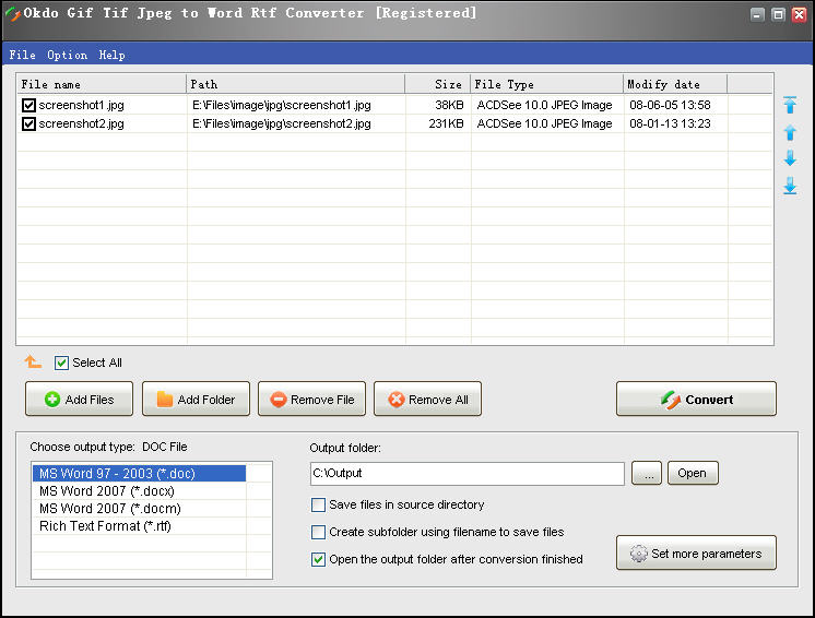 Screenshot of Okdo Gif Tif Jpeg to Word Rtf Converter 4.5