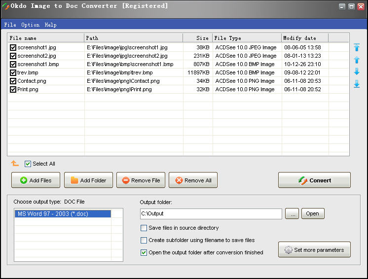 Batch convert jpg, jpeg, bmp, gif, tif, wmf, emf, png, jp2, j2k, pcx etc to doc.