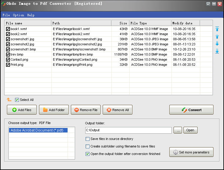 Batch convert jpg,jpeg,bmp,gif,tif,wmf,emf,png,jp2,j2k,pcx etc to pdf.