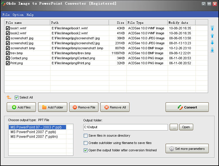 Convert jpg, jpeg, bmp, gif, tiff, wmf, emf, png, jp2, j2k, pcx to powerpoint