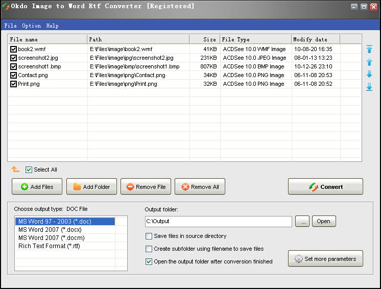 Convert jpg,jpeg,bmp,gif,tif,wmf,emf,png,jp2,j2k,pcx etc to doc/docx/docm/rtf