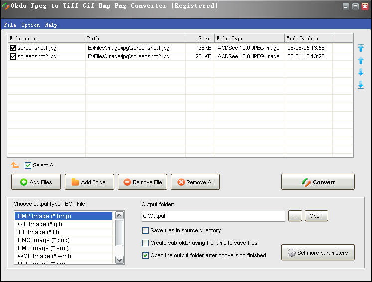 Batch convert jpeg/jpg to tiff/png/gif/bmp/wmf/emf/rle/tga with ease.