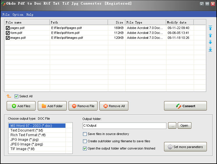 Screenshot of Okdo Pdf to Doc Rtf Txt Tif Jpg Converter