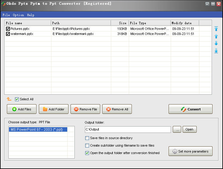 Batch convert pptx/pptm to ppt with fast speed and good quality.