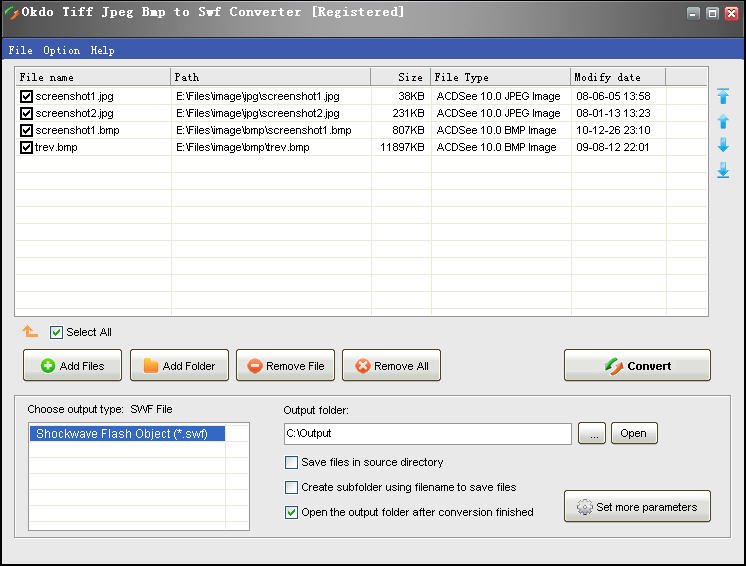 Batch convert jpg, jpeg, tiff, bmp etc images to swf video with ease.