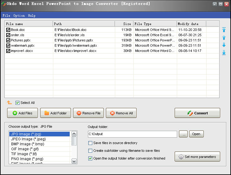 Screenshot of Okdo Word Excel PowerPoint to Image Converter