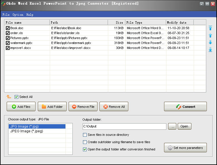 Screenshot of Okdo Word Excel PowerPoint to Jpeg Converter